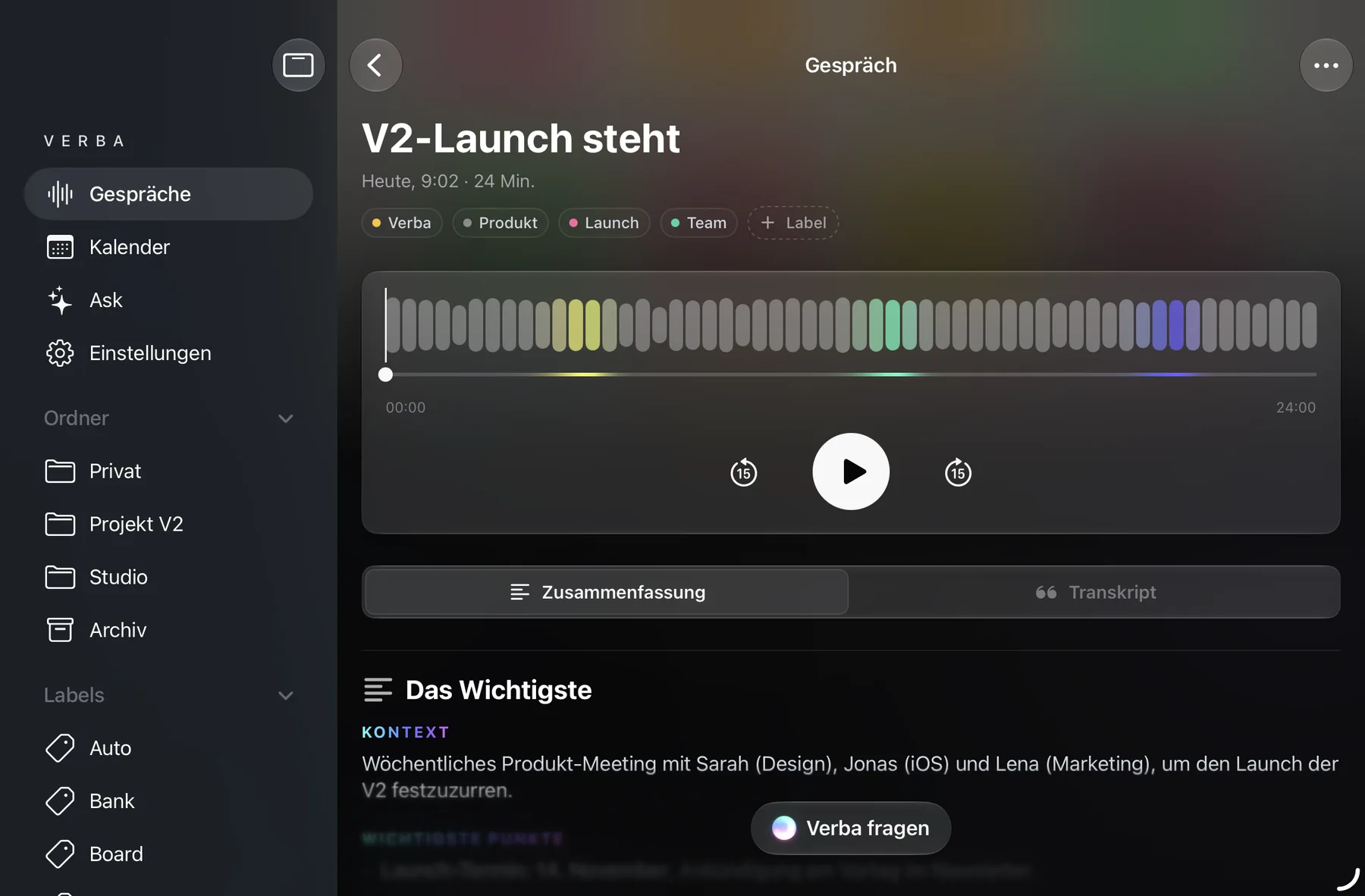 Verba auf dem iPad: links die Seitenleiste, rechts ein geöffnetes Gespräch.