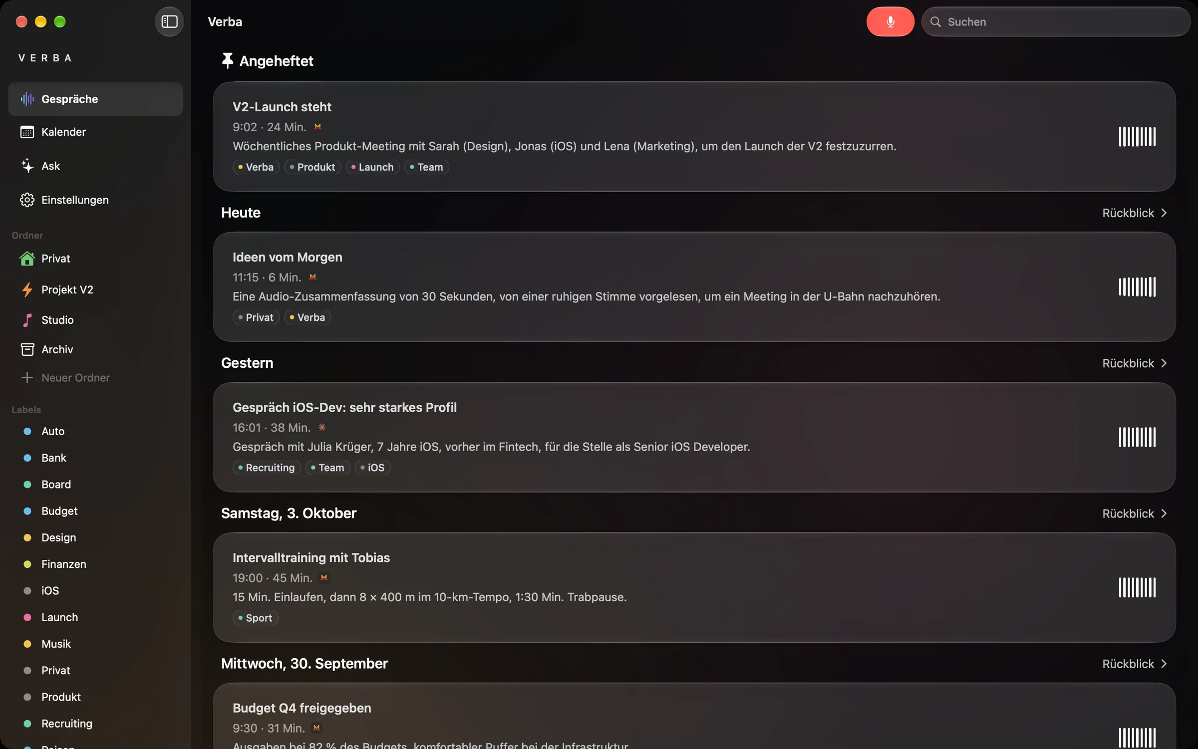 Verba auf dem Mac: Seitenleiste mit Ordnern und Labels, angeheftete und heutige Gespräche.