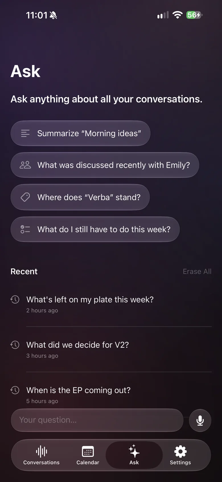 Ask on iPhone: suggested questions and recent questions.
