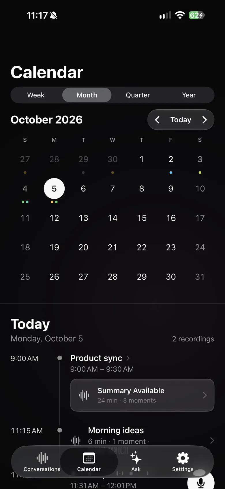 Verba’s calendar on iPhone, month view, with today’s meetings.