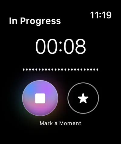Recording in progress on Apple Watch, timer at 00:08.