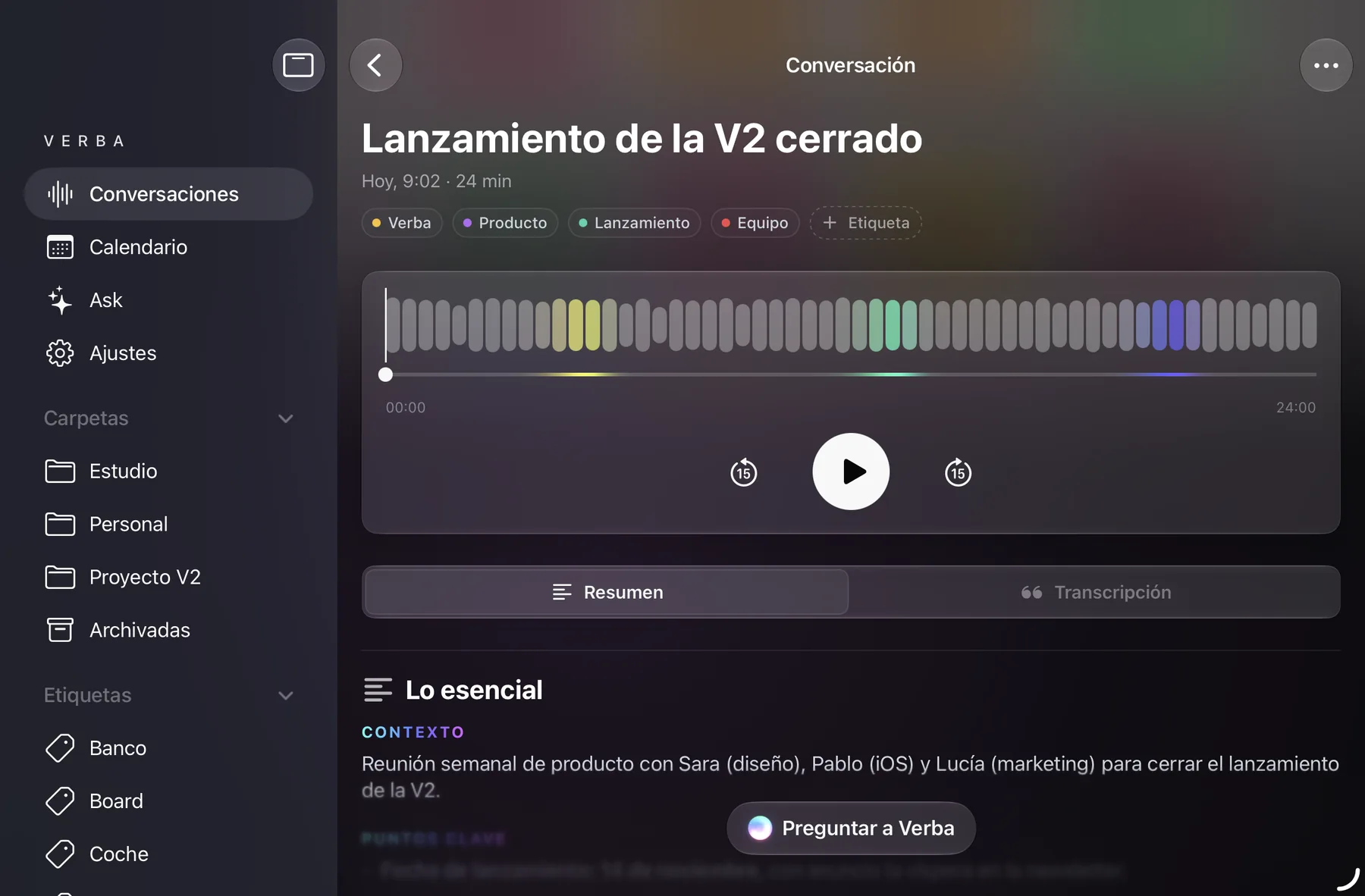Verba en iPad: barra lateral a la izquierda, conversación abierta a la derecha.