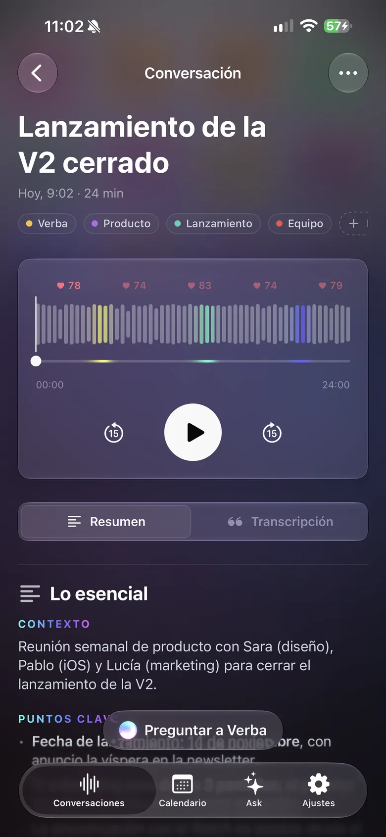 Verba en iPhone: una conversación con su reproductor de audio y su resumen.