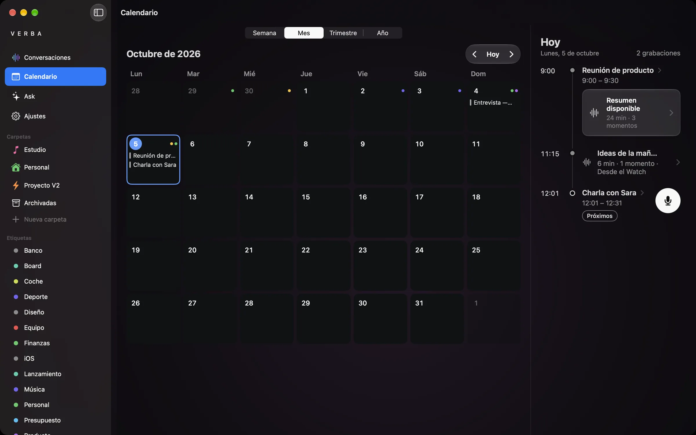 El calendario de Verba en Mac, vista mensual, con las reuniones del día.