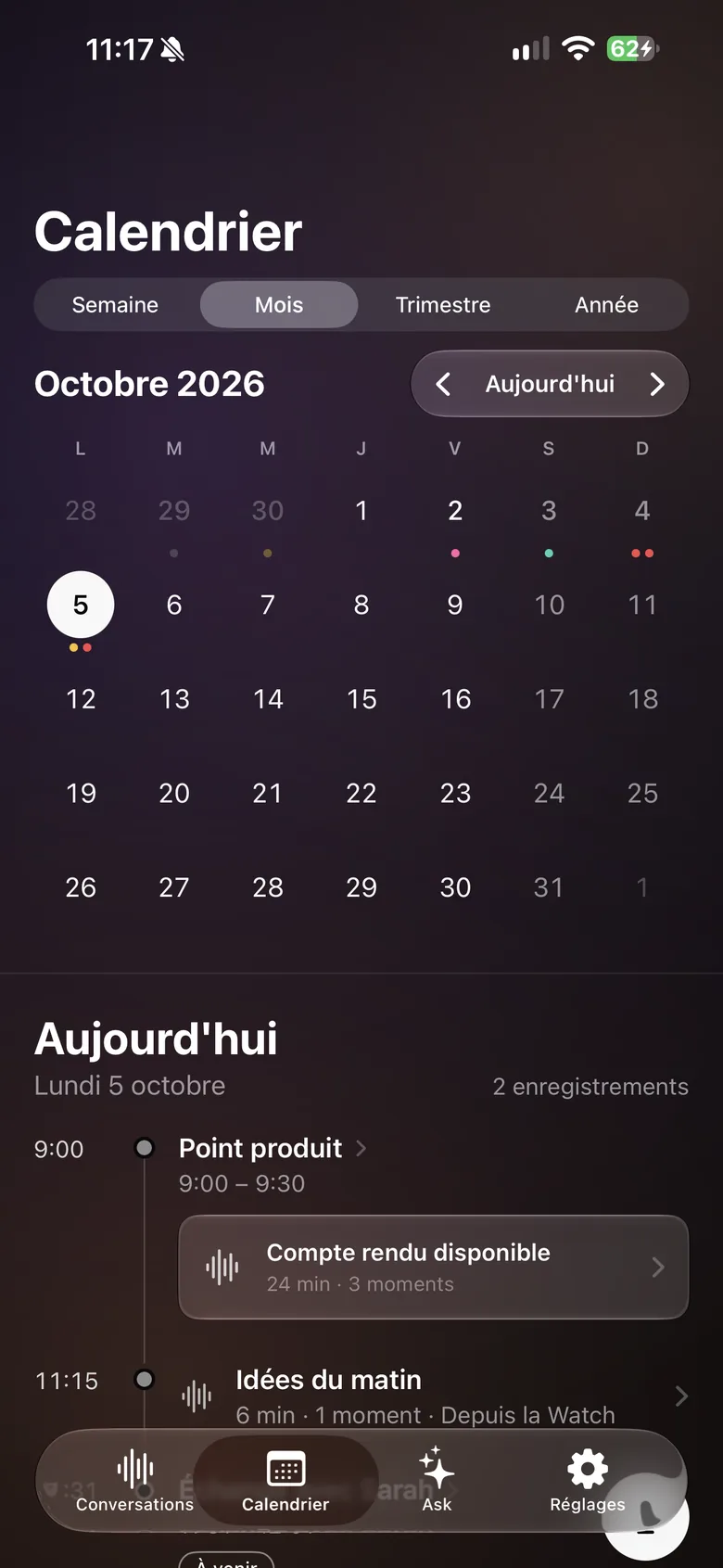 Le calendrier de Verba sur iPhone, vue mois, avec les réunions du jour.