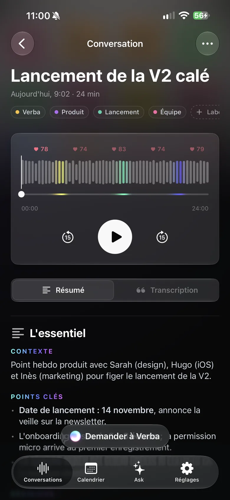 Verba sur iPhone : une conversation avec son lecteur audio et son résumé.