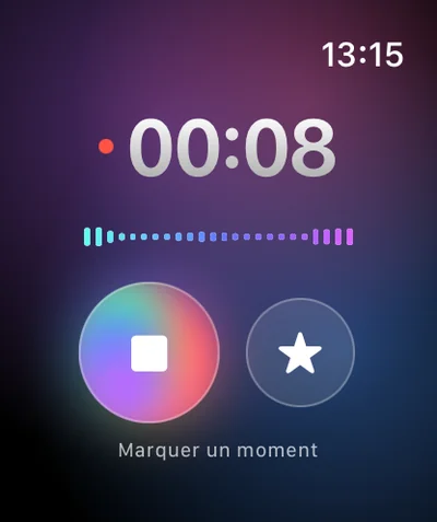 Enregistrement en cours sur Apple Watch, chronomètre à 00:08.