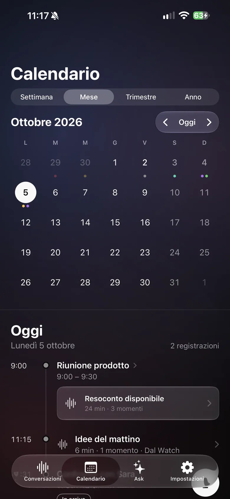 Il calendario di Verba su iPhone, vista mese, con le riunioni del giorno.