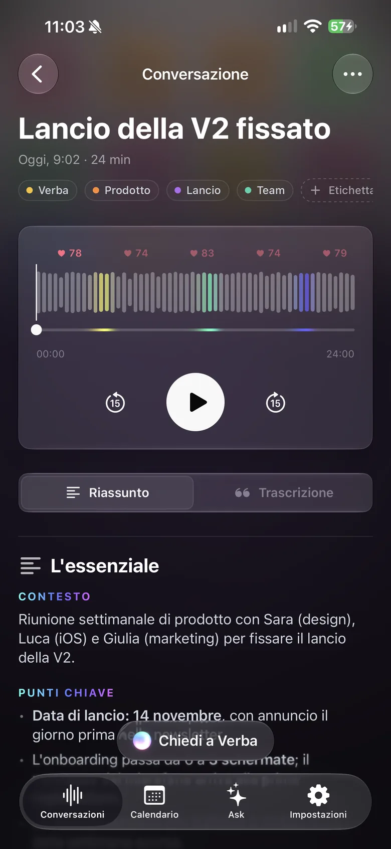 Verba su iPhone: una conversazione con il lettore audio e il resoconto.