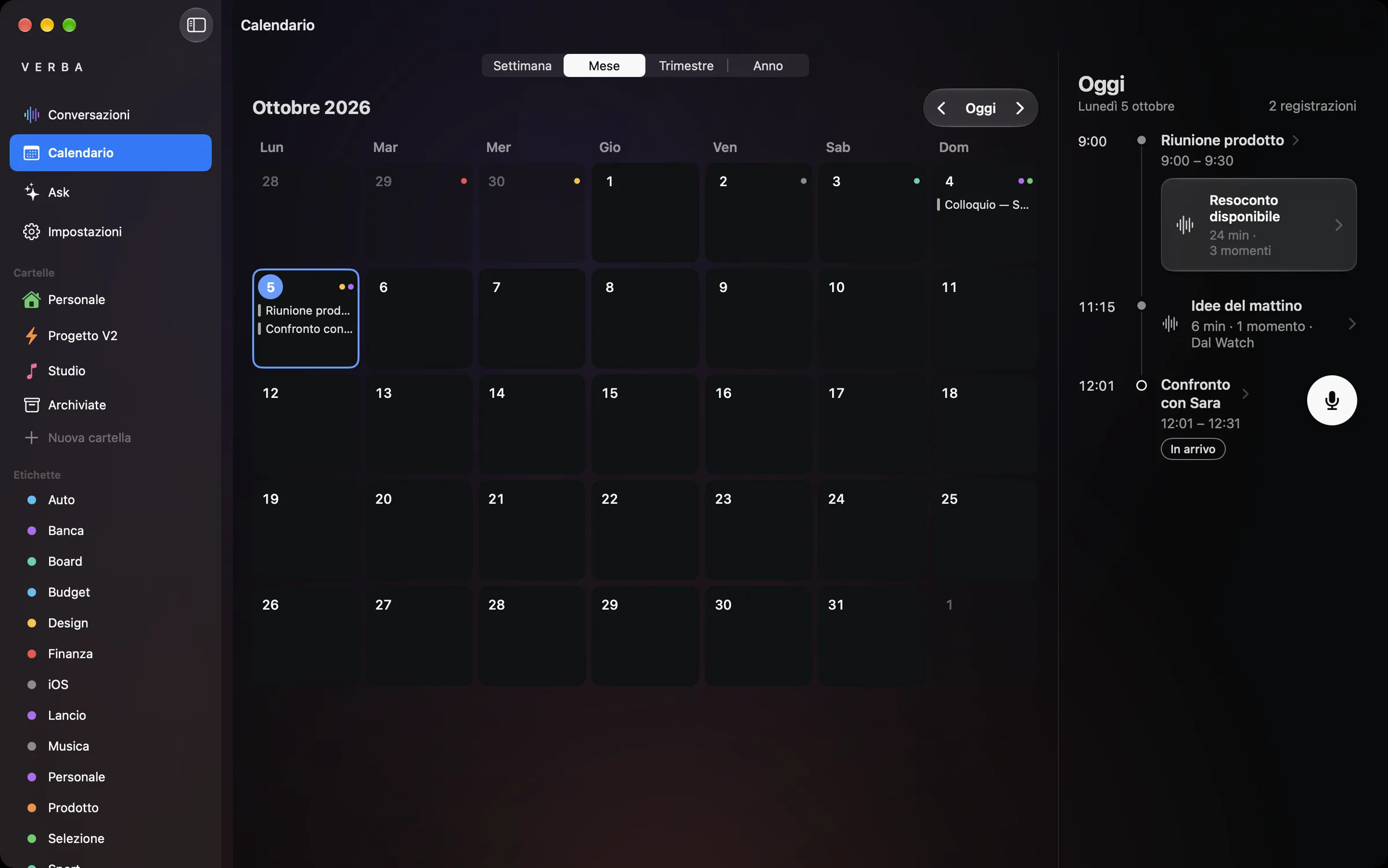 Il calendario di Verba su Mac, vista mese, con le riunioni del giorno.
