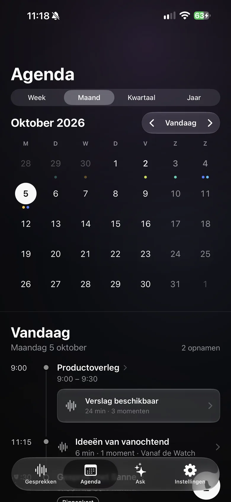 De agenda van Verba op iPhone, maandweergave, met de vergaderingen van vandaag.