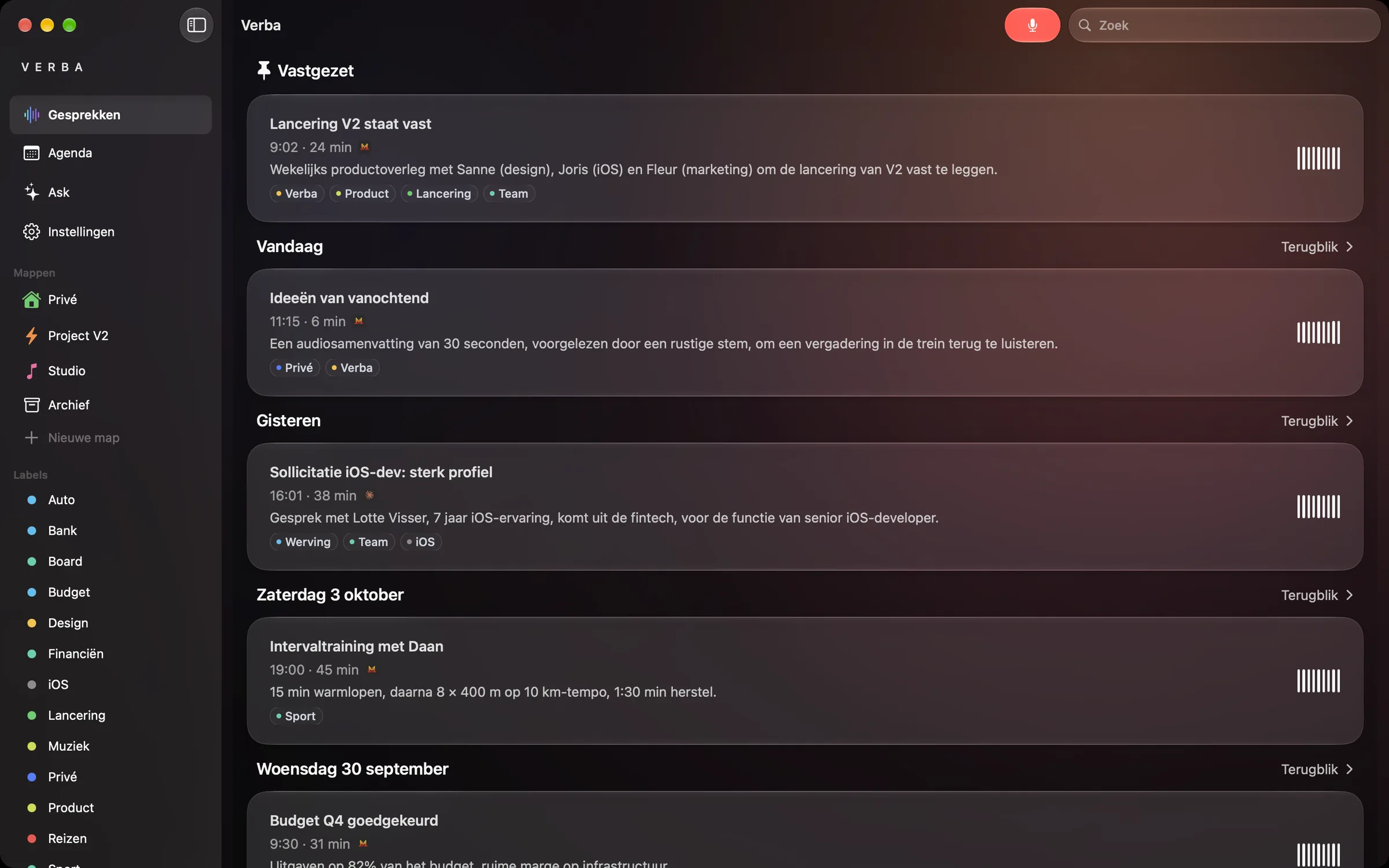 Verba op Mac: navigatiekolom met mappen en labels, vastgezette gesprekken en die van vandaag.