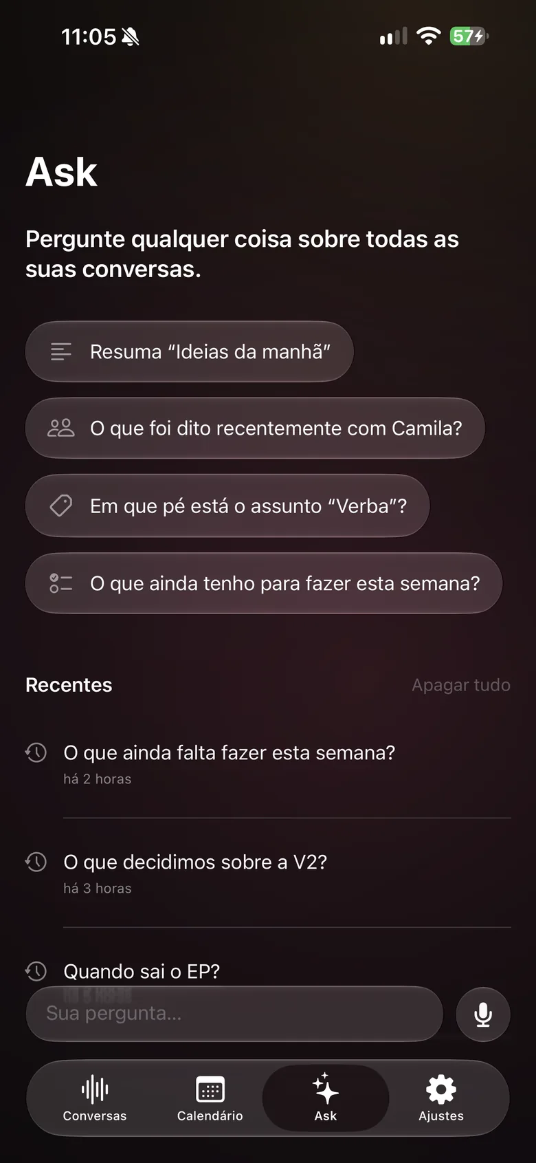 Ask no iPhone: sugestões de perguntas e perguntas recentes.