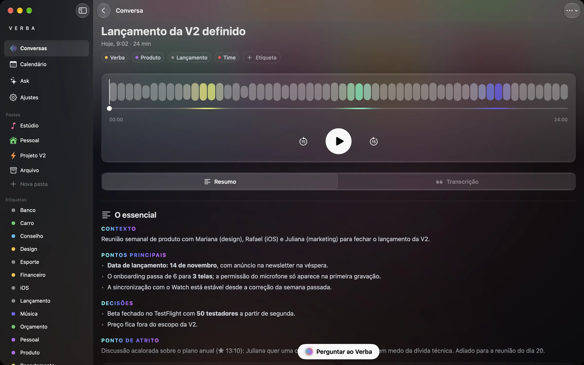 Uma conversa no Mac: player de áudio e resumo.