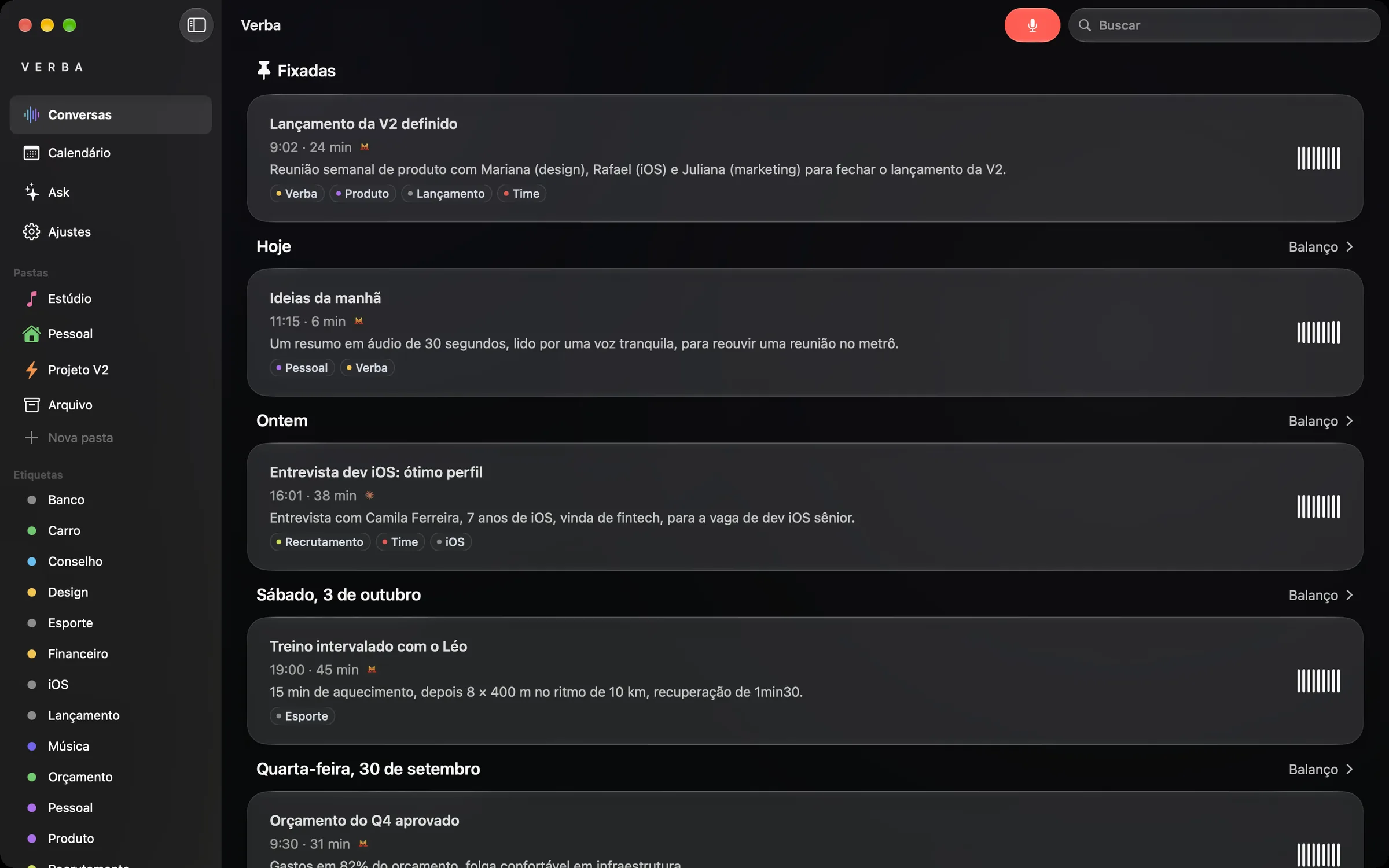 Verba no Mac: barra lateral com pastas e etiquetas, conversas fixadas e do dia.