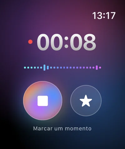 Gravação em andamento no Apple Watch, cronômetro em 00:08.